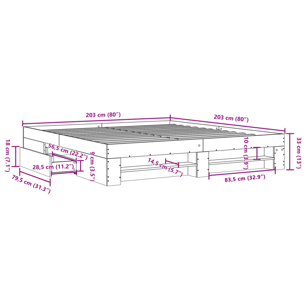 Sengeramme hvit 200x200 cm konstruert tre