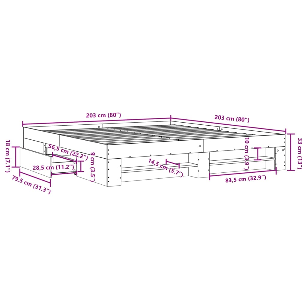 Sengeramme uten madrass sonoma eik 200x200 cm konstruert tre