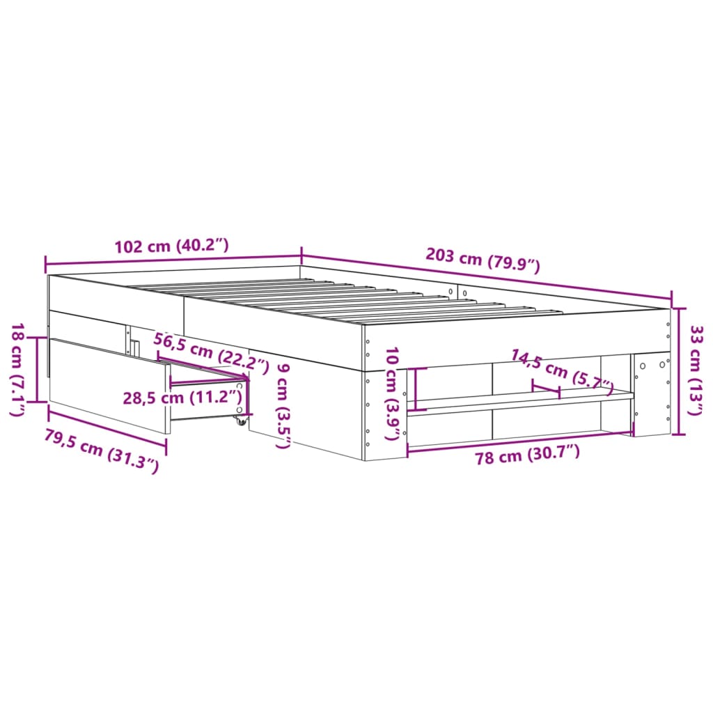 Sengeramme uten madrass sonoma eik 100x200 cm konstruert tre