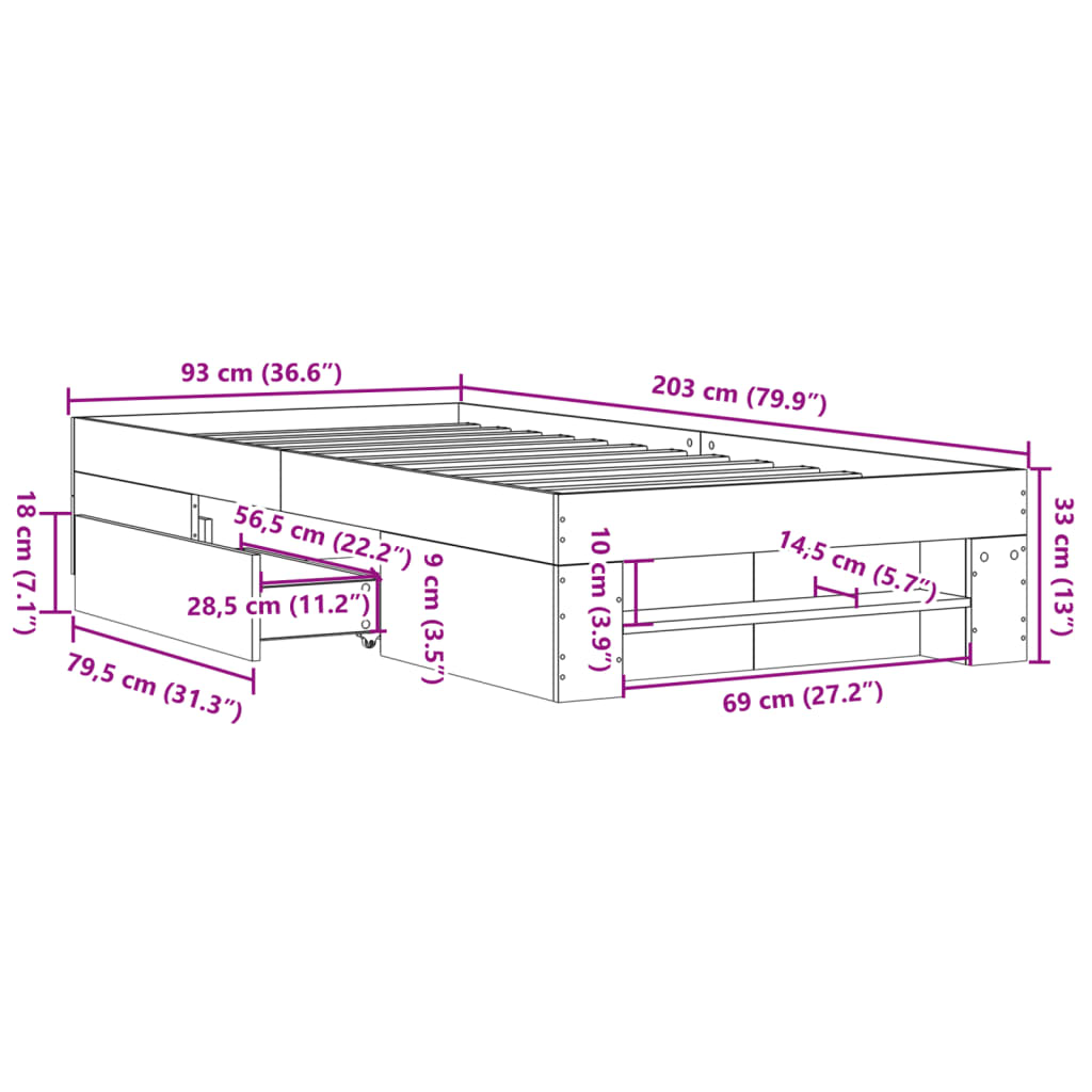Sengeramme uten madrass røkt eik 90x200 cm konstruert tre