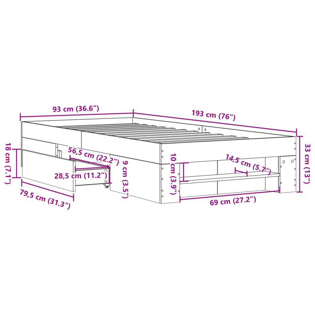 Sengeramme grå sonoma 90x190 cm konstruert tre