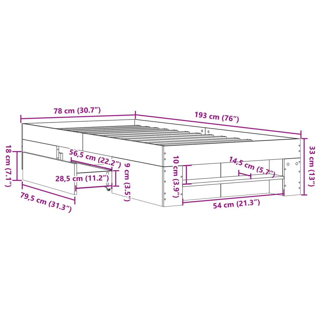 Sengeramme uten madrass sonoma eik 75x190 cm konstruert tre