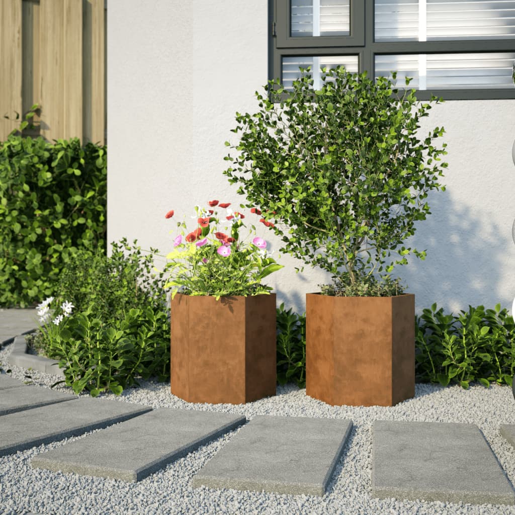 Plantekasser 2 stk sekskantet 46x40x45 cm Forvitringsstål