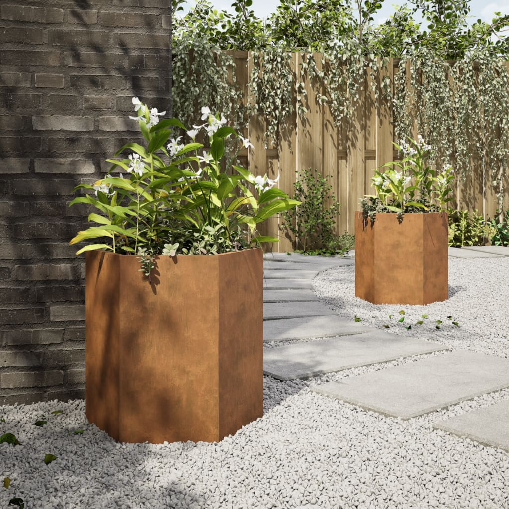 Plantekasser 2 stk sekskantet 46x40x45 cm Forvitringsstål