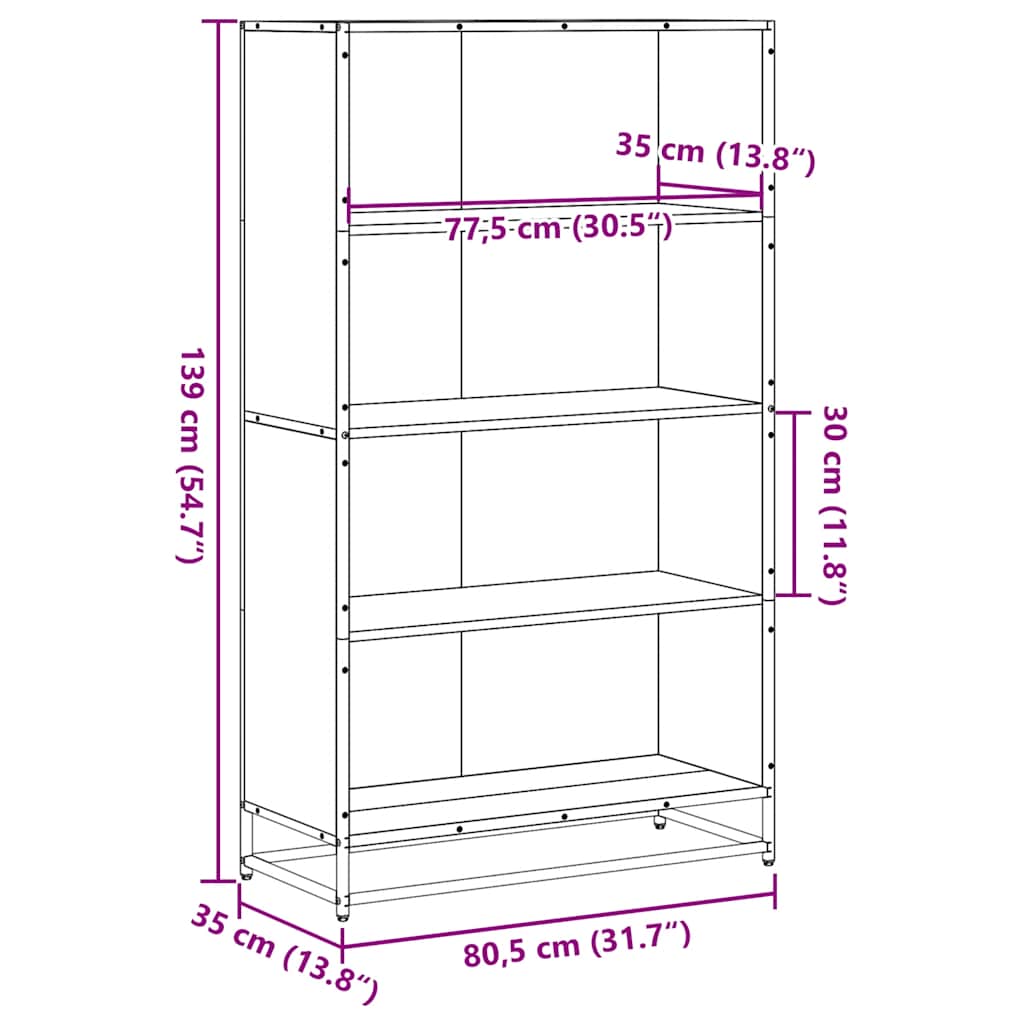 Bokhylle sonoma eik 80,5x35x139 cm konstruert tre