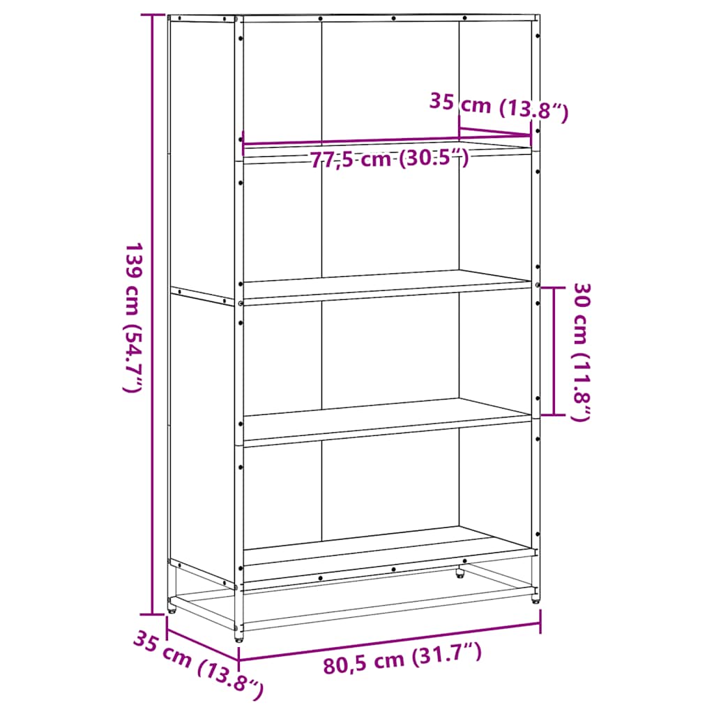 Bokhylle brun eik 80,5x35x139 cm konstruert tre