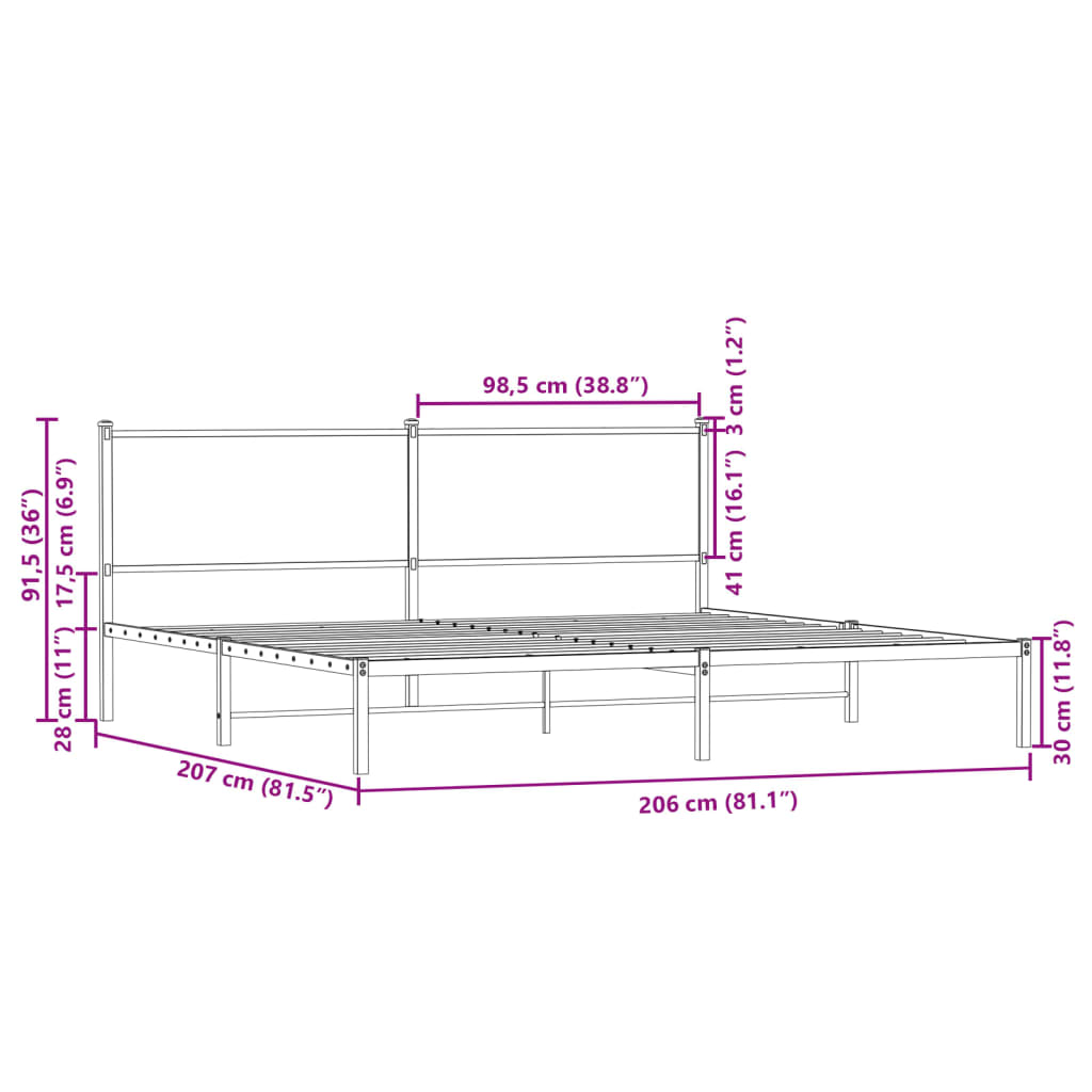 Sengeramme i metall uten madrass røkt eik 200x200 cm