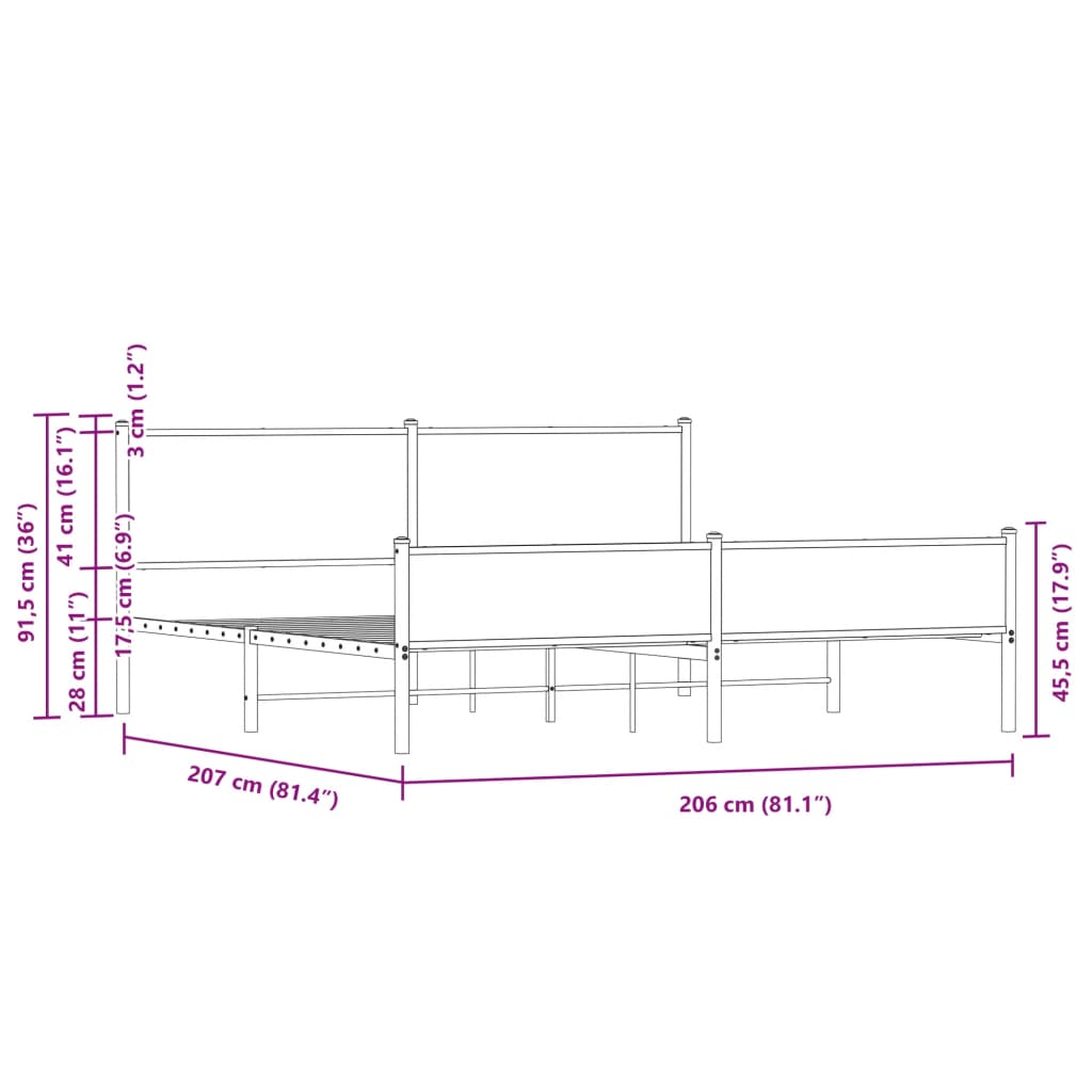 Sengeramme i metall uten madrass røkt eik 200x200 cm