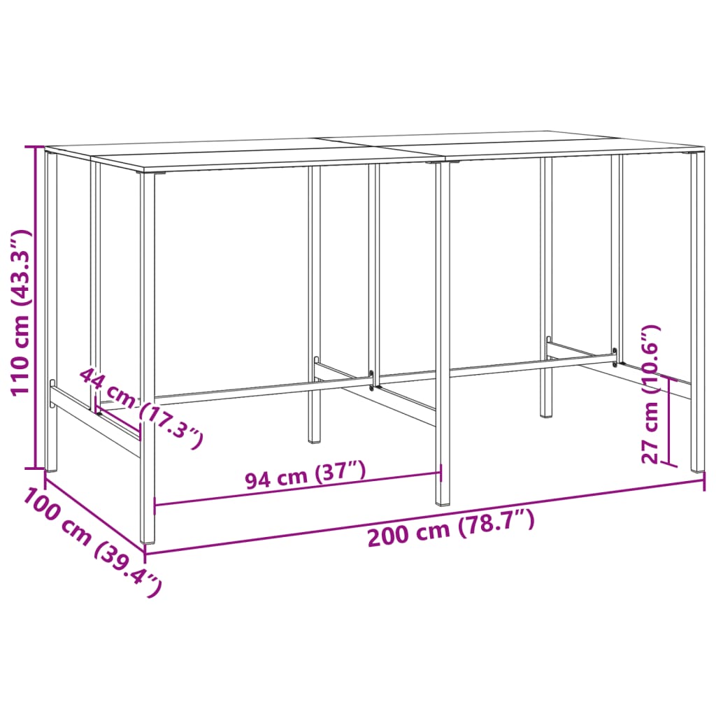 Barbord svart 200x100x110 cm pulverlakkert stål