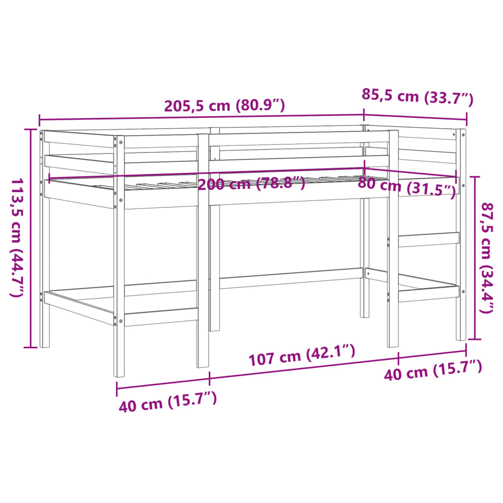 Køyeseng for barn med stige voksbrun 80x200 cm heltre furu