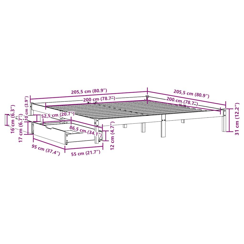Sengeramme med madrass hvit 200x200 cm heltre furu