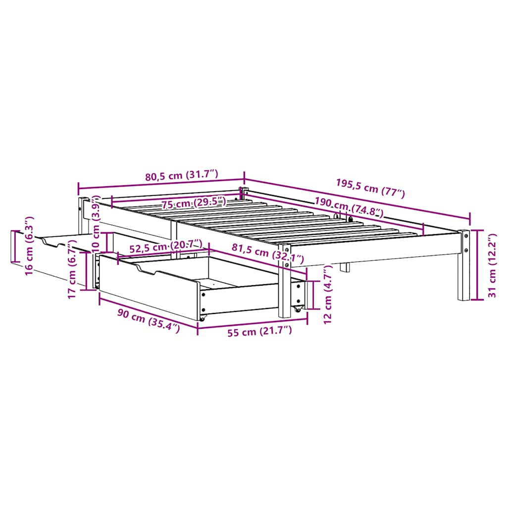 Sengeramme uten madrass voksbrun 75x190 cm heltre furu
