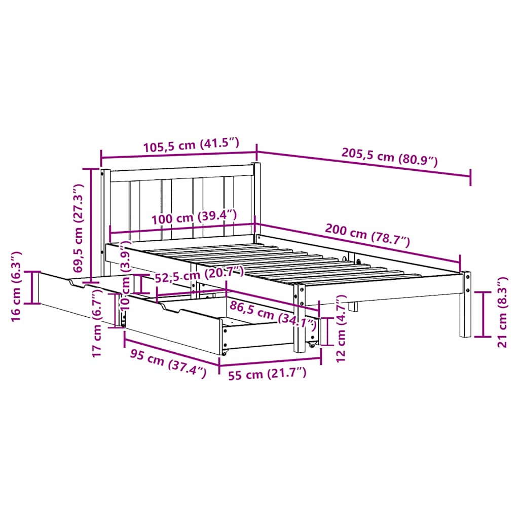 Sengeramme uten madrass voksbrun 100x200 cm heltre furu