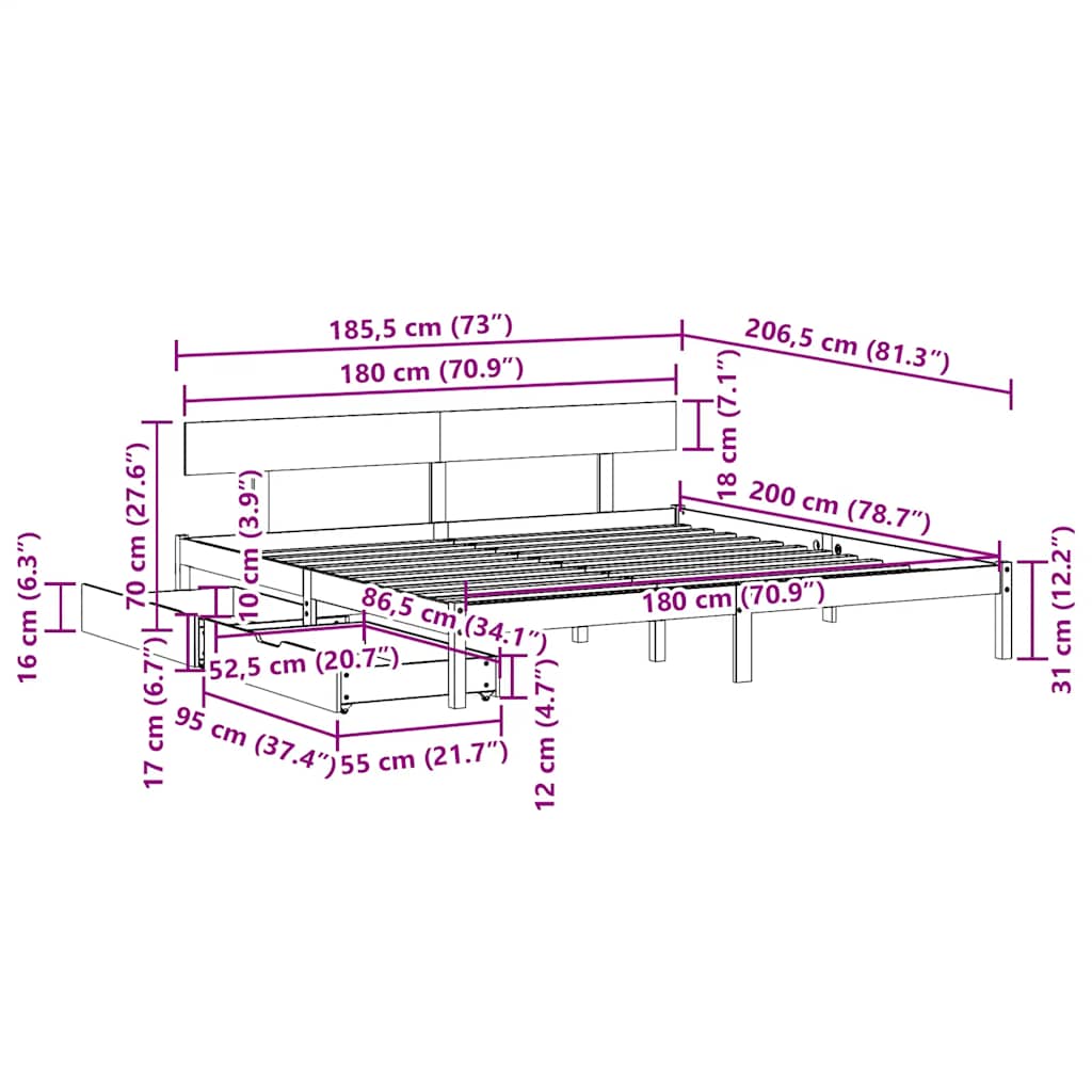 Sengeramme uten madrass hvit 180x200 cm heltre furu