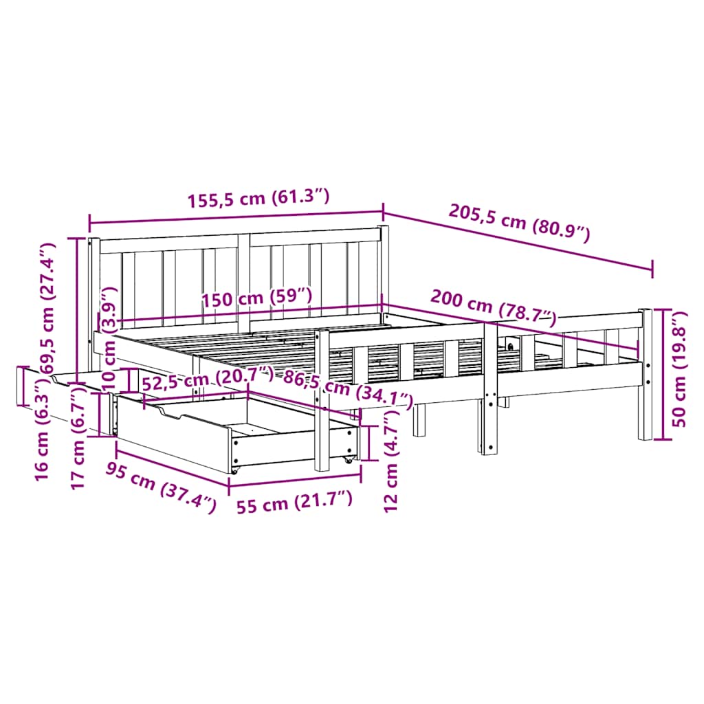 Sengeramme uten madrass brun 150x200 cm heltre furu