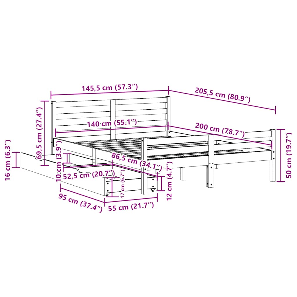 Sengeramme uten madrass hvit 140x200 cm heltre furu