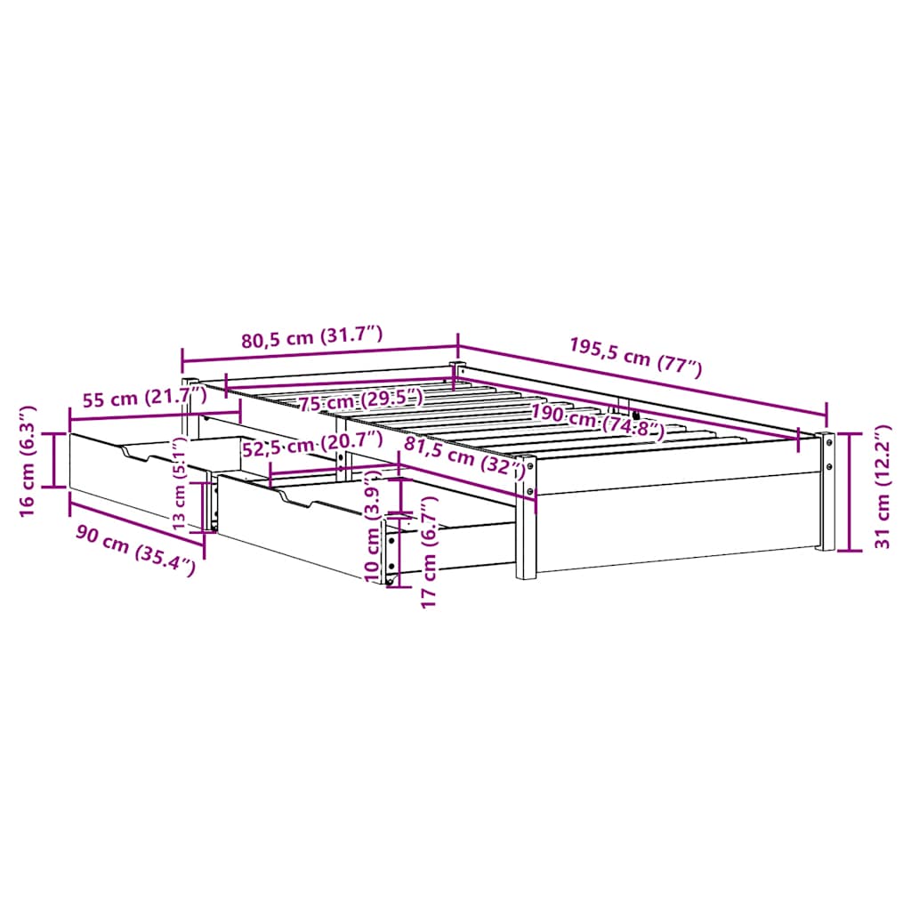 Sengeramme uten madrass hvit 75x190 cm heltre furu
