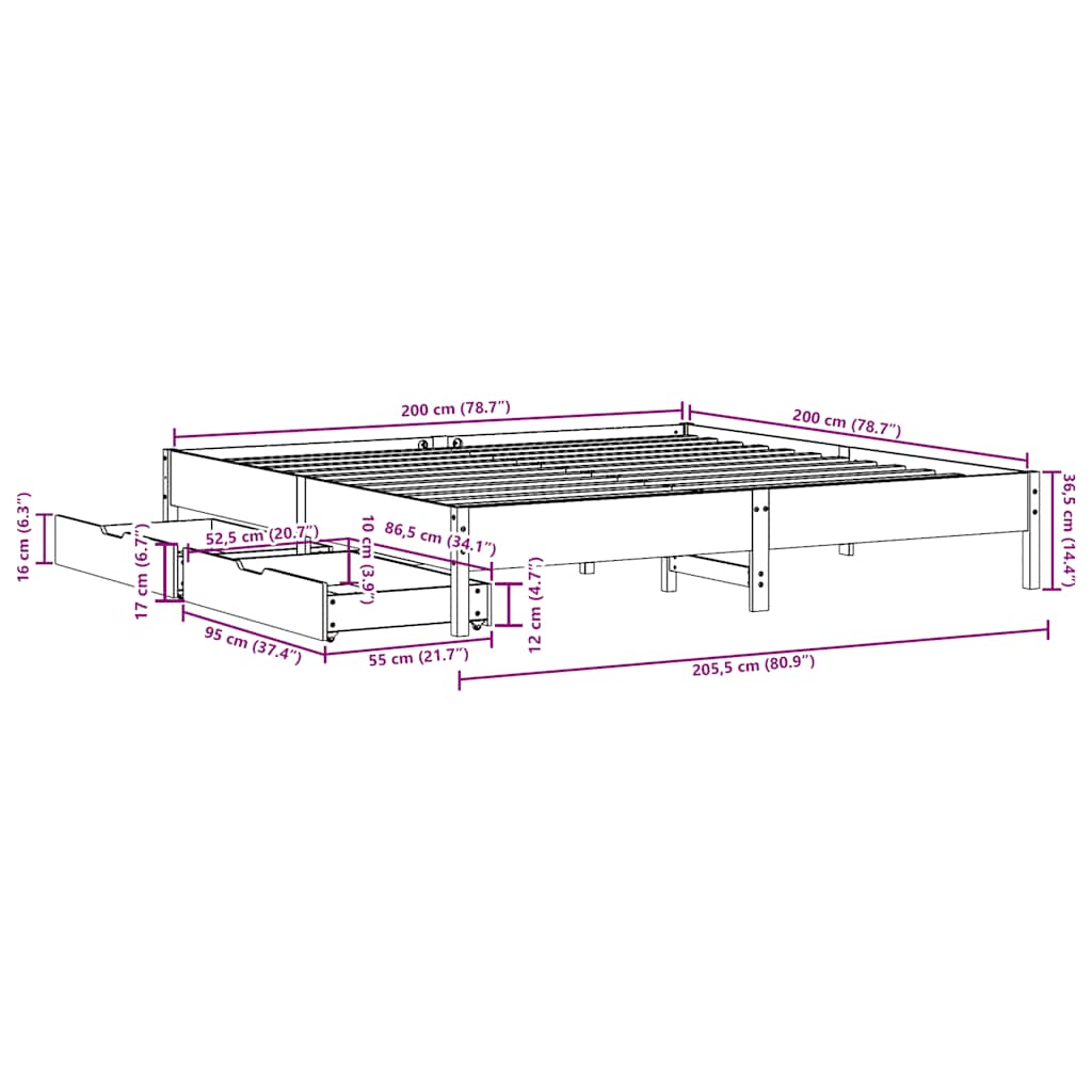 Sengeramme med madrass hvit 200x200 cm heltre furu