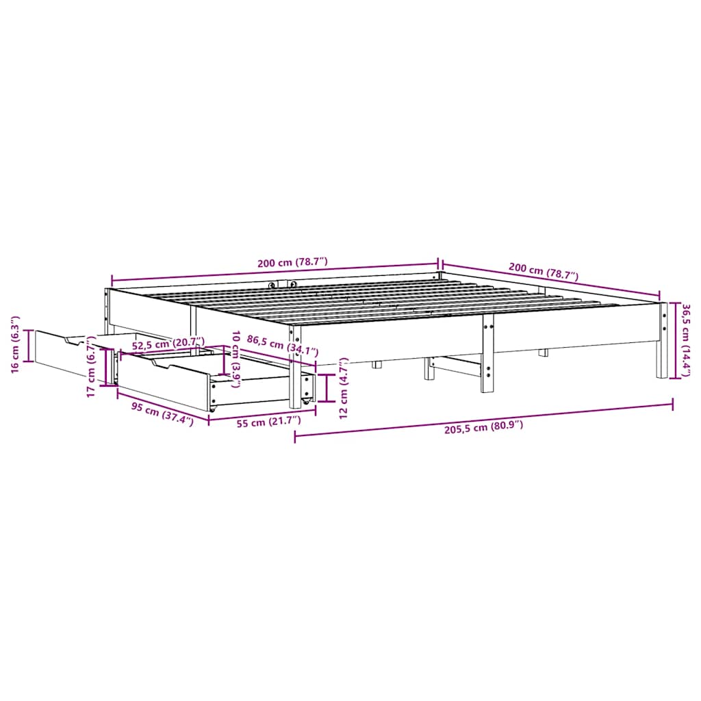 Sengeramme uten madrass voksbrun 200x200 cm heltre furu