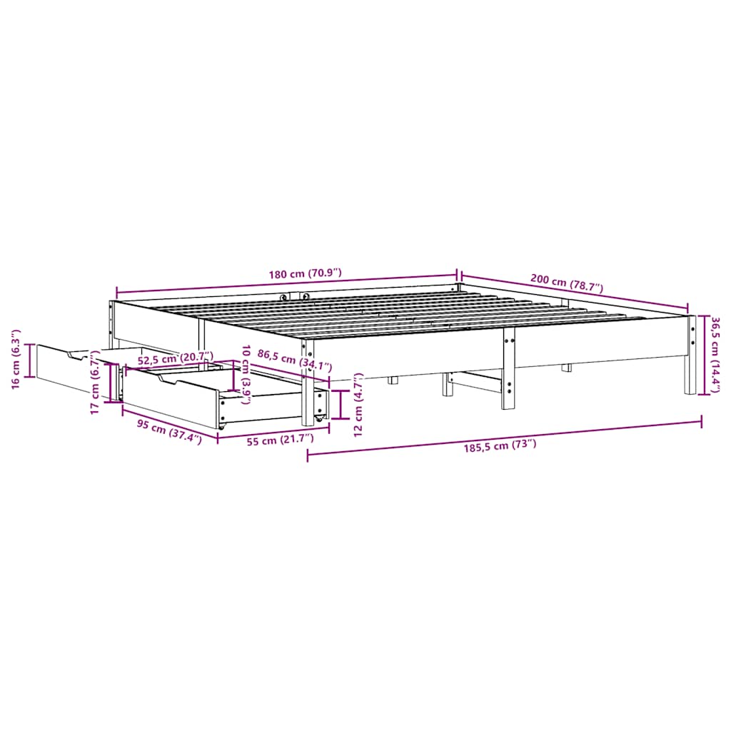 Sengeramme uten madrass hvit 180x200 cm heltre furu