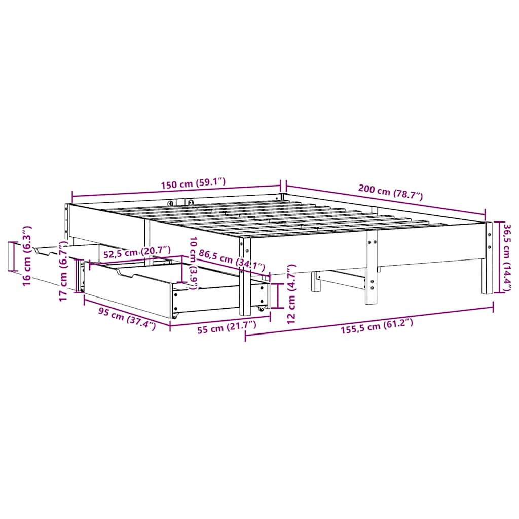 Sengeramme uten madrass brun 150x200 cm heltre furu