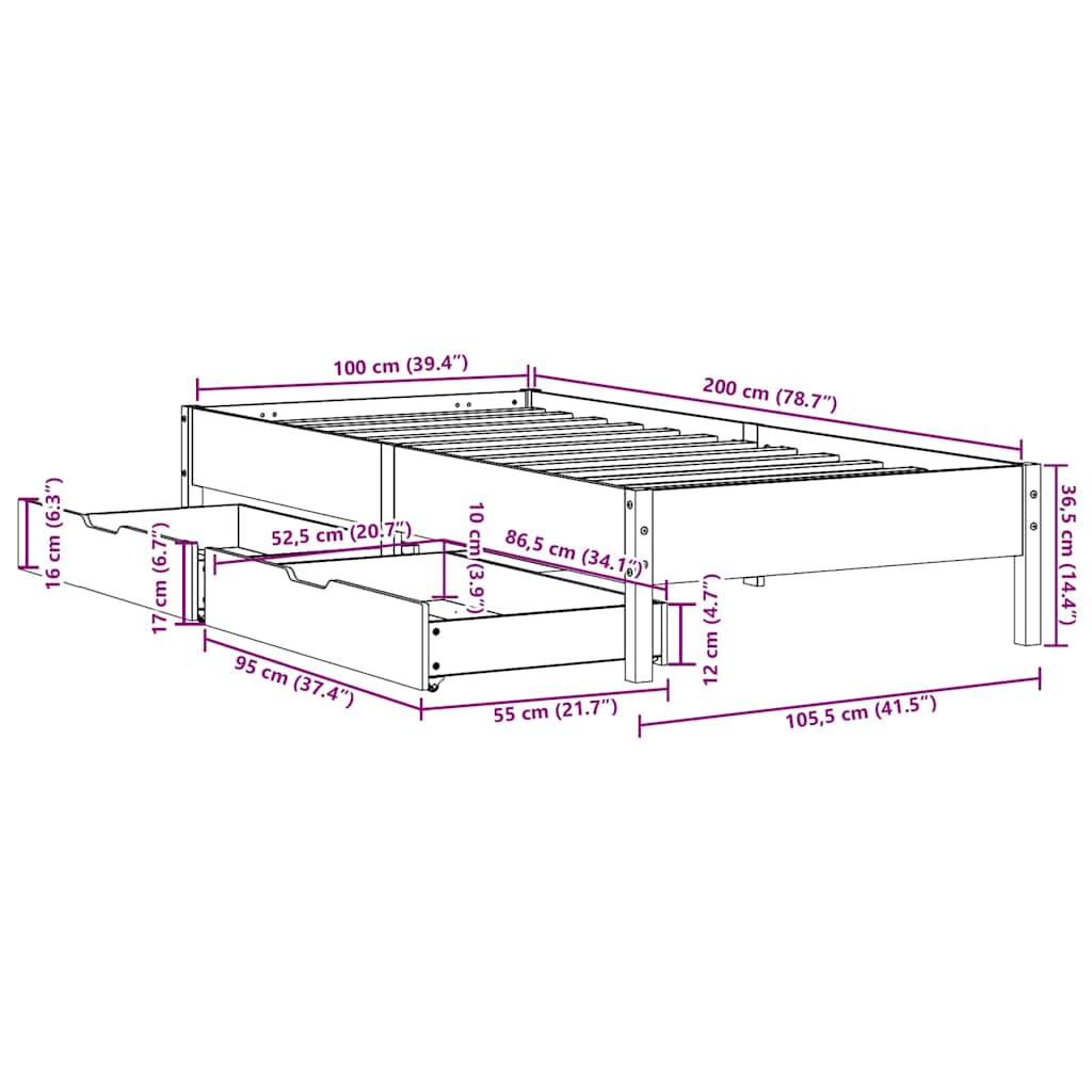 Sengeramme uten madrass hvit 100x200 cm heltre furu