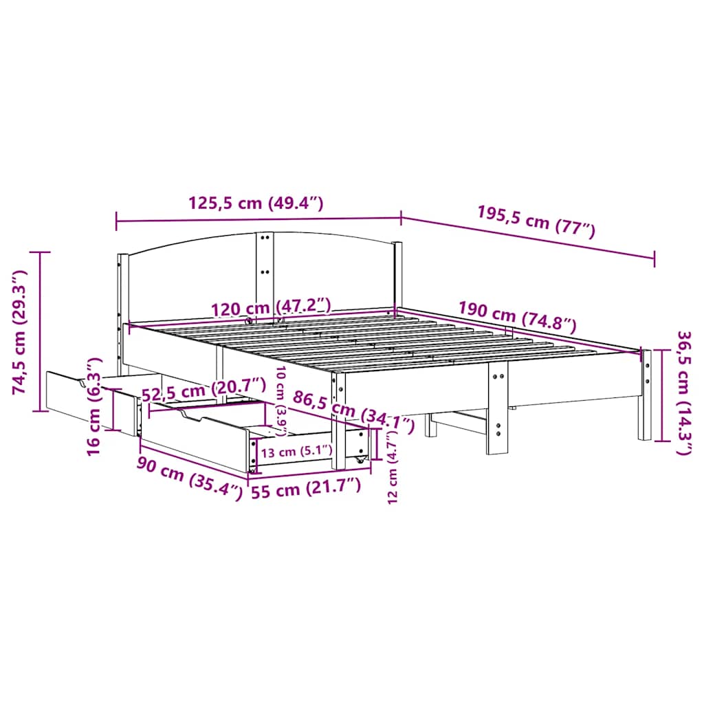 Sengeramme uten madrass hvit 120x190 cm heltre furu
