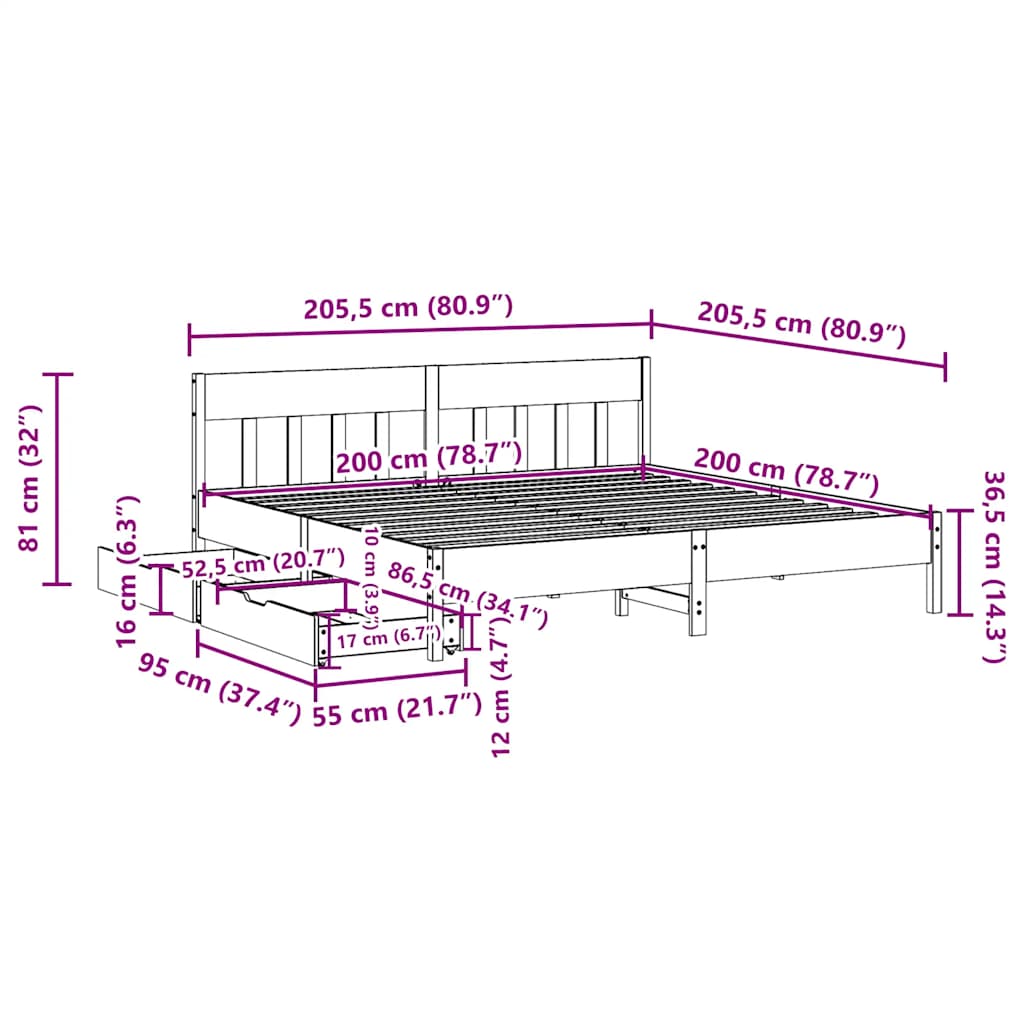 Sengeramme med madrass hvit 200x200 cm heltre furu