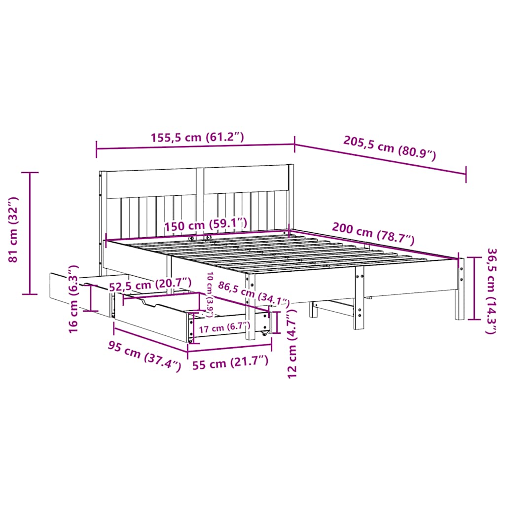 Sengeramme uten madrass brun 150x200 cm heltre furu