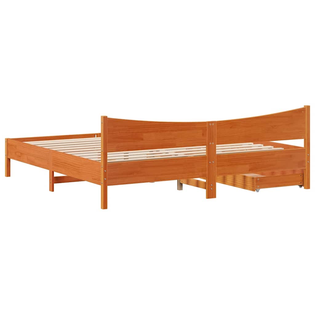 Sengeramme med skuffer voksbrun 180x200 cm heltre furu