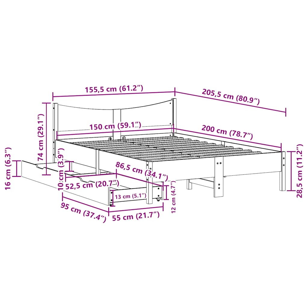 Sengeramme med skuffer hvit 150x200 cm heltre furu