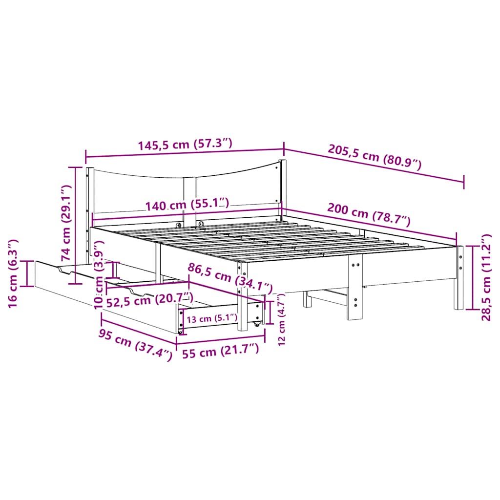 Sengeramme med skuffer hvit 140x200 cm heltre furu