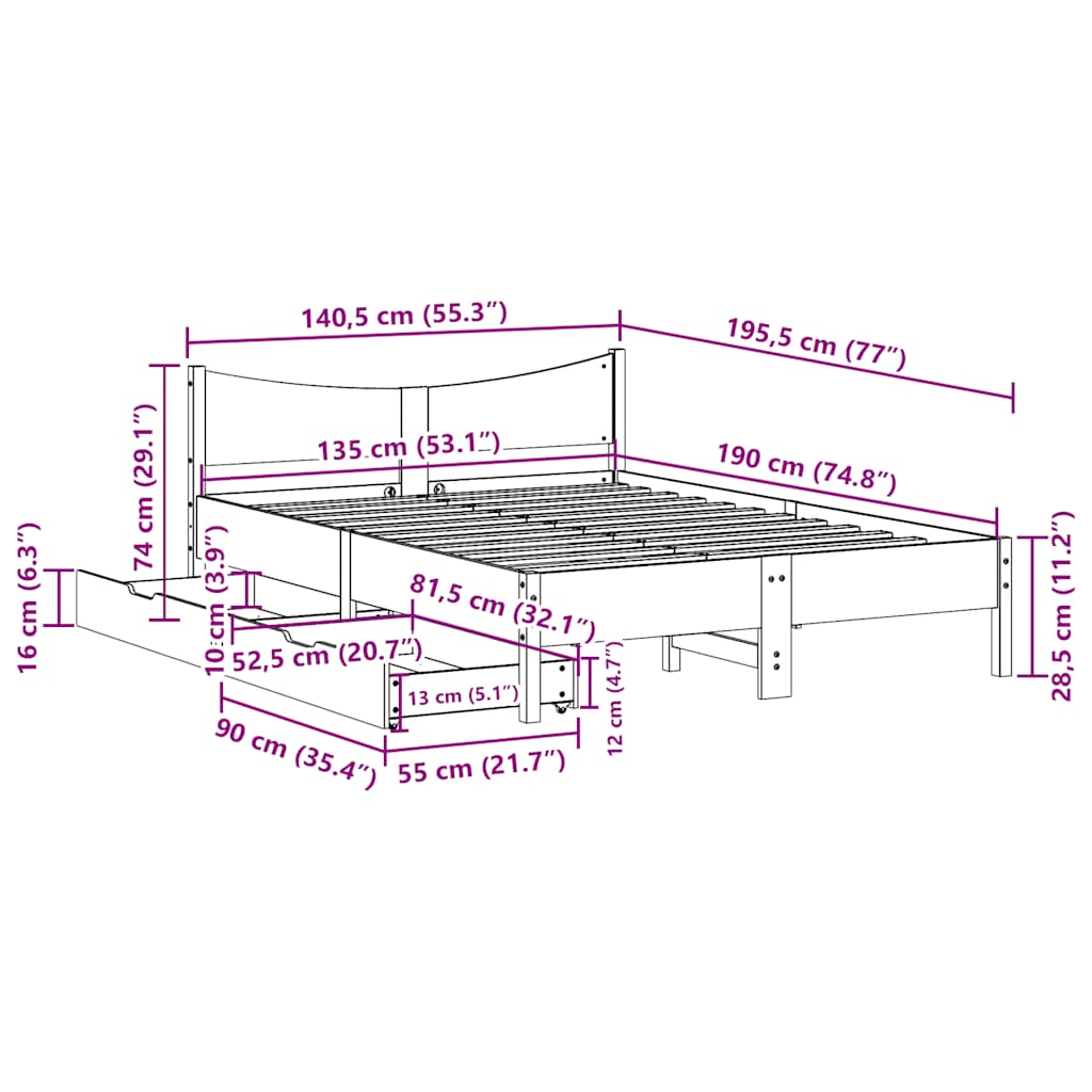 Sengeramme med skuffer hvit 135x190 cm heltre furu