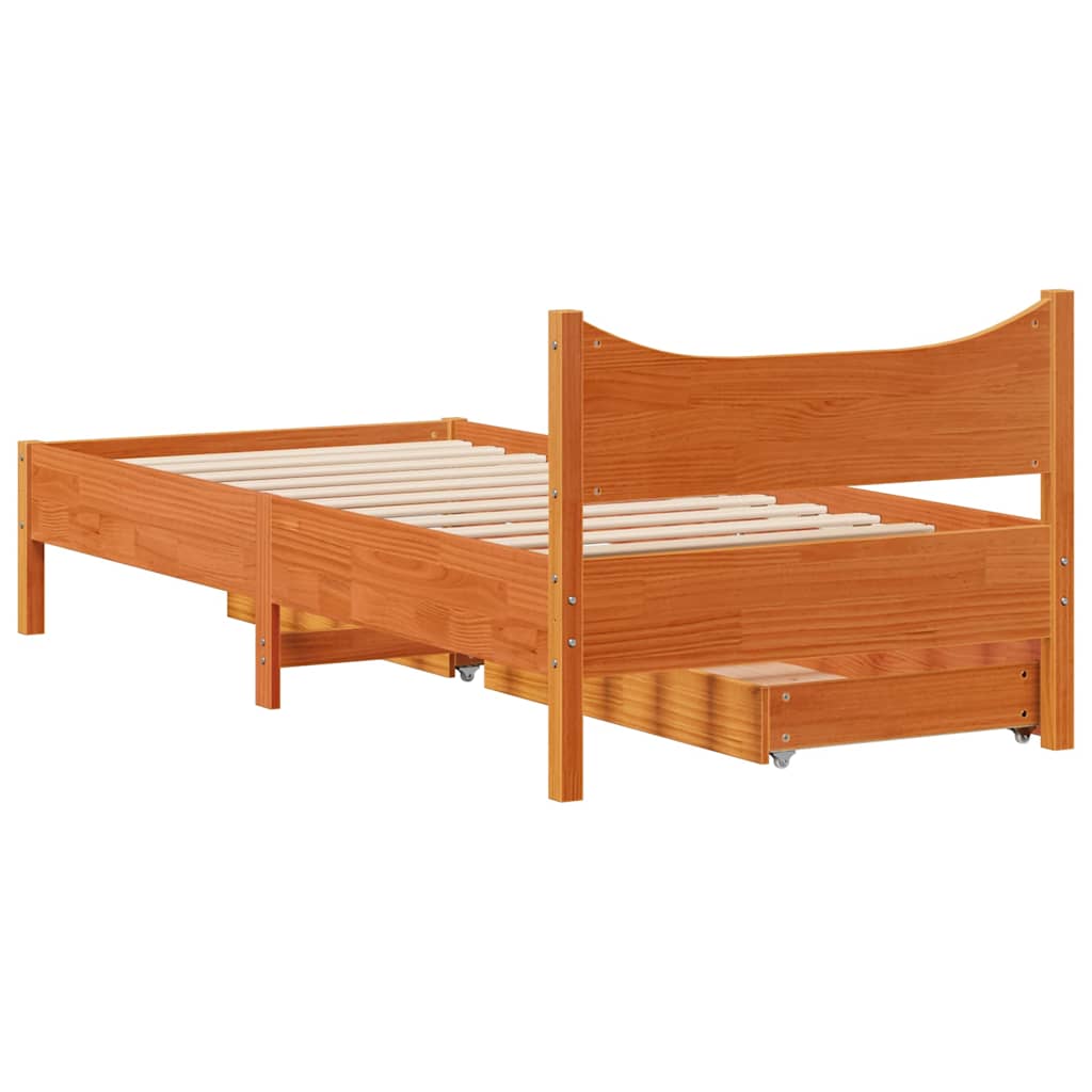 Sengeramme med skuffer voksbrun 75x190 cm heltre furu