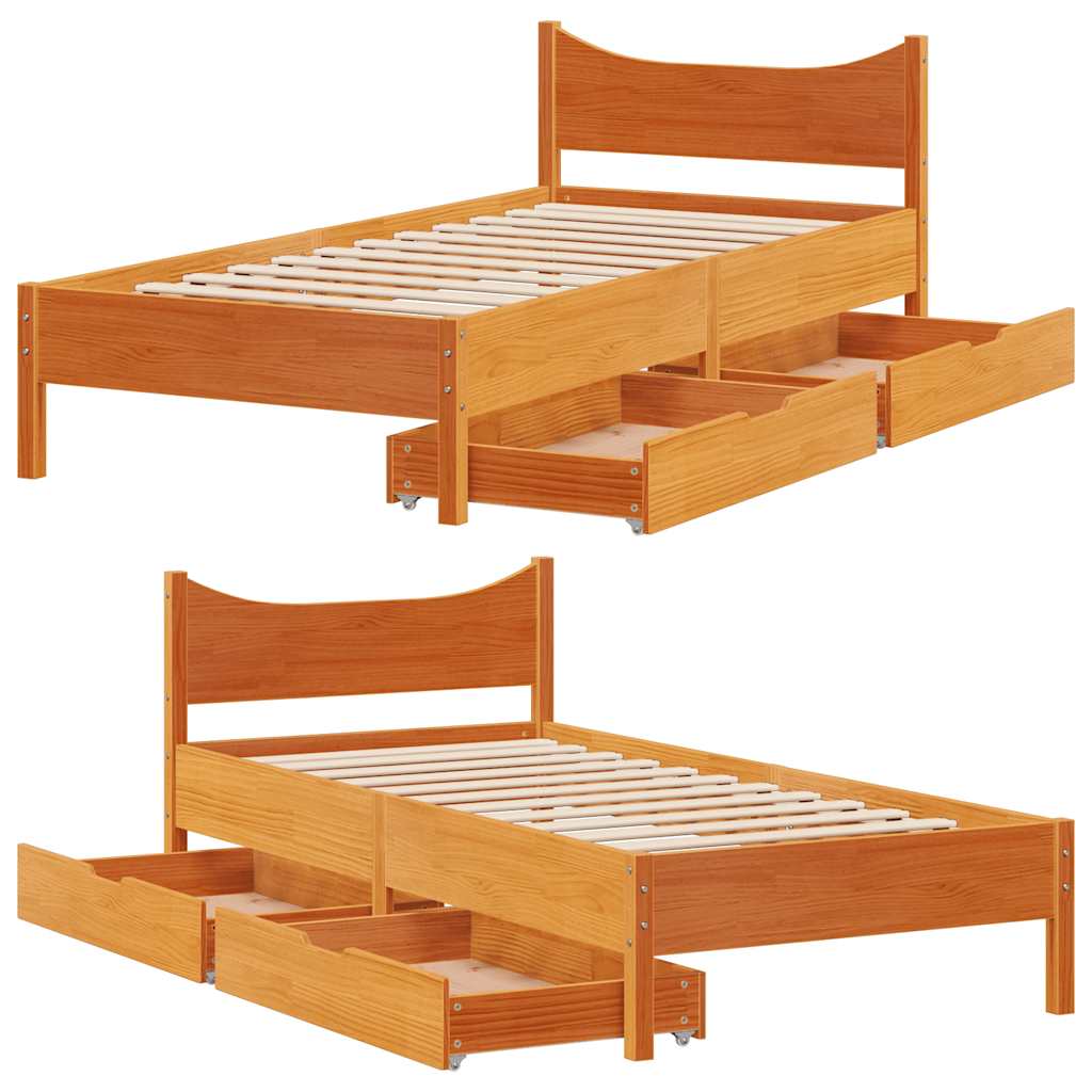 Sengeramme med skuffer voksbrun 75x190 cm heltre furu