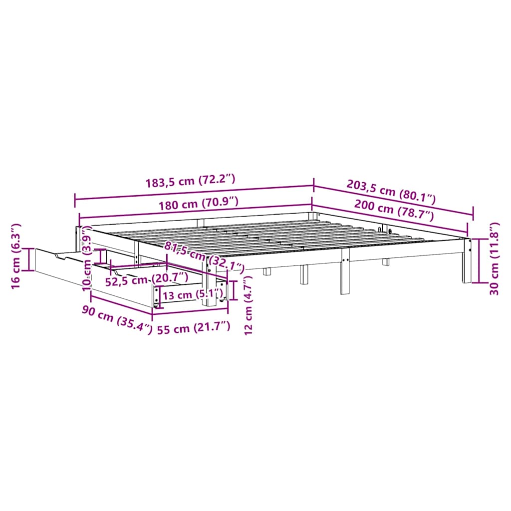 Sengeramme med skuffer 180x200 cm heltre furu