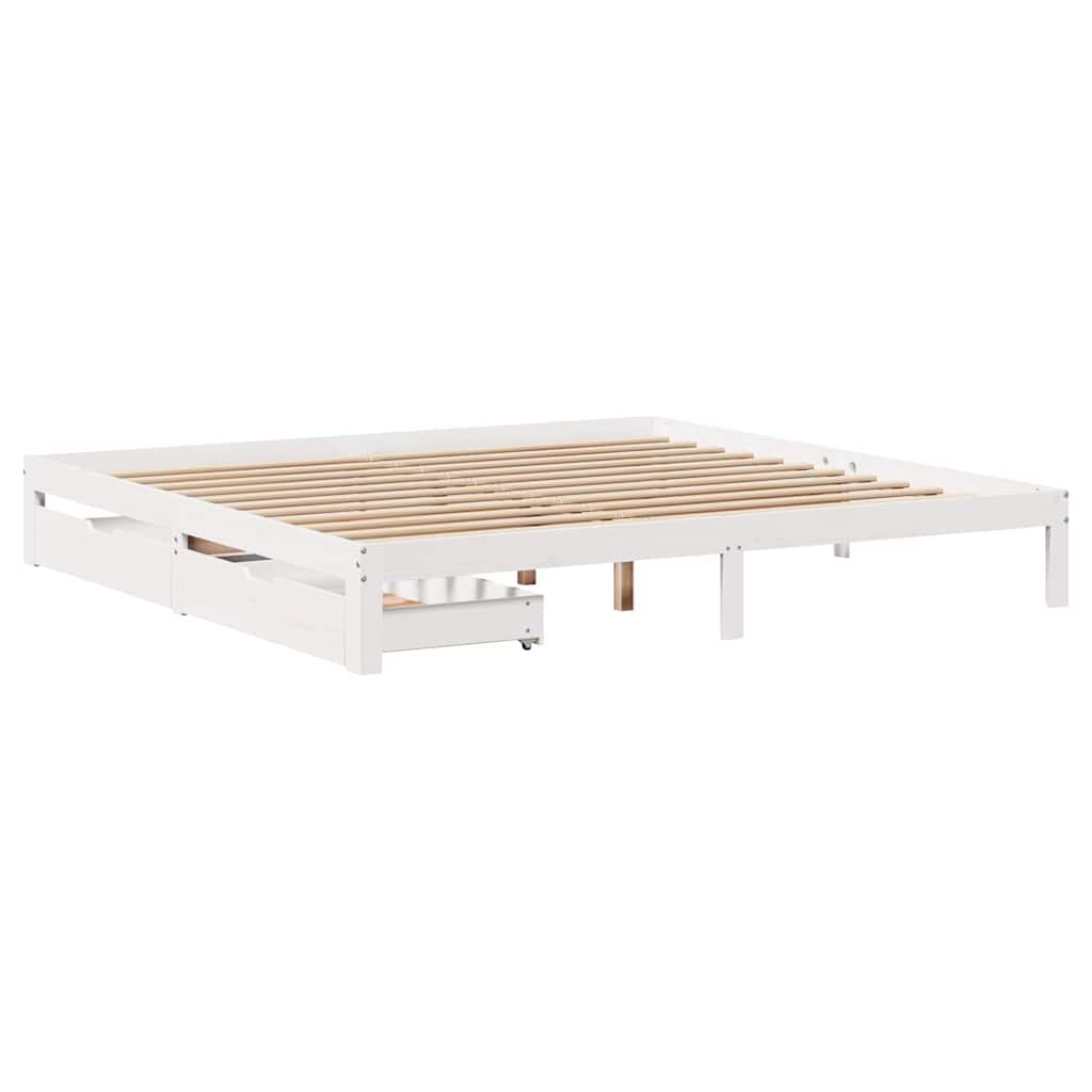 Sengeramme med skuffer hvit 200x200 cm heltre furu