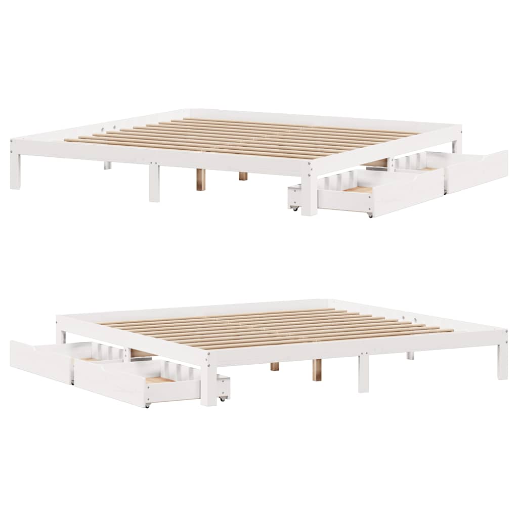 Sengeramme med skuffer hvit 200x200 cm heltre furu