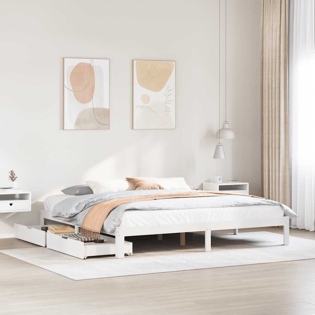 Sengeramme med skuffer hvit 200x200 cm heltre furu