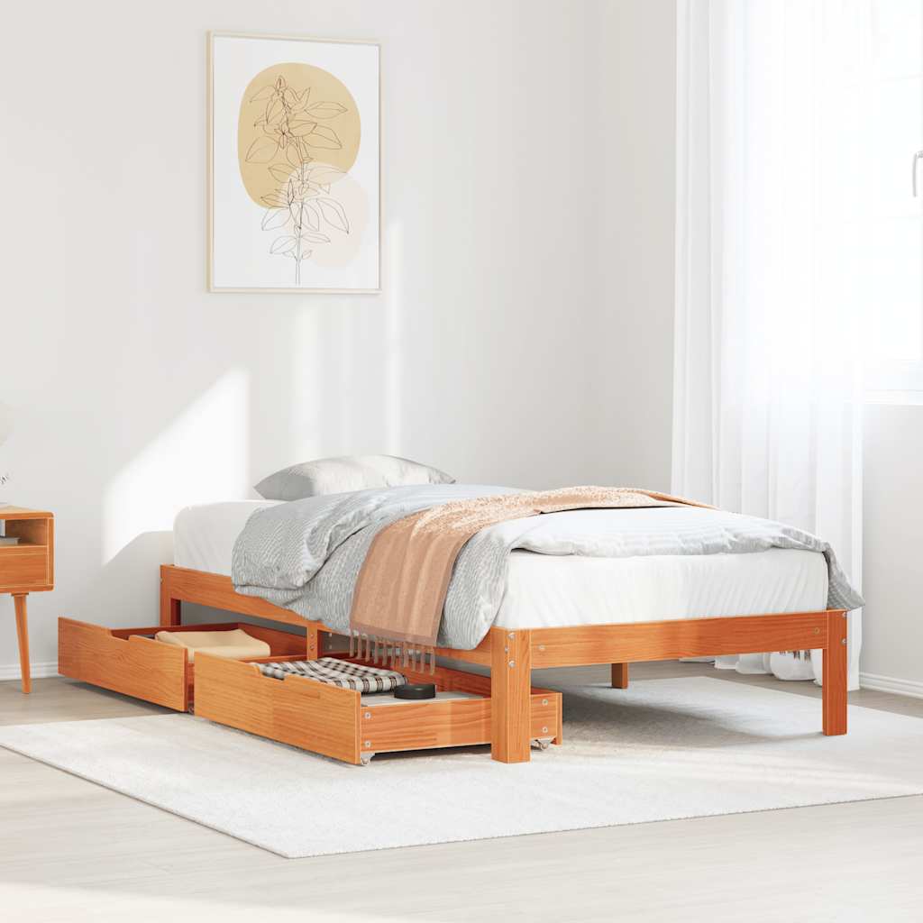 Sengeramme med skuffer voksbrun 75x190 cm heltre furu