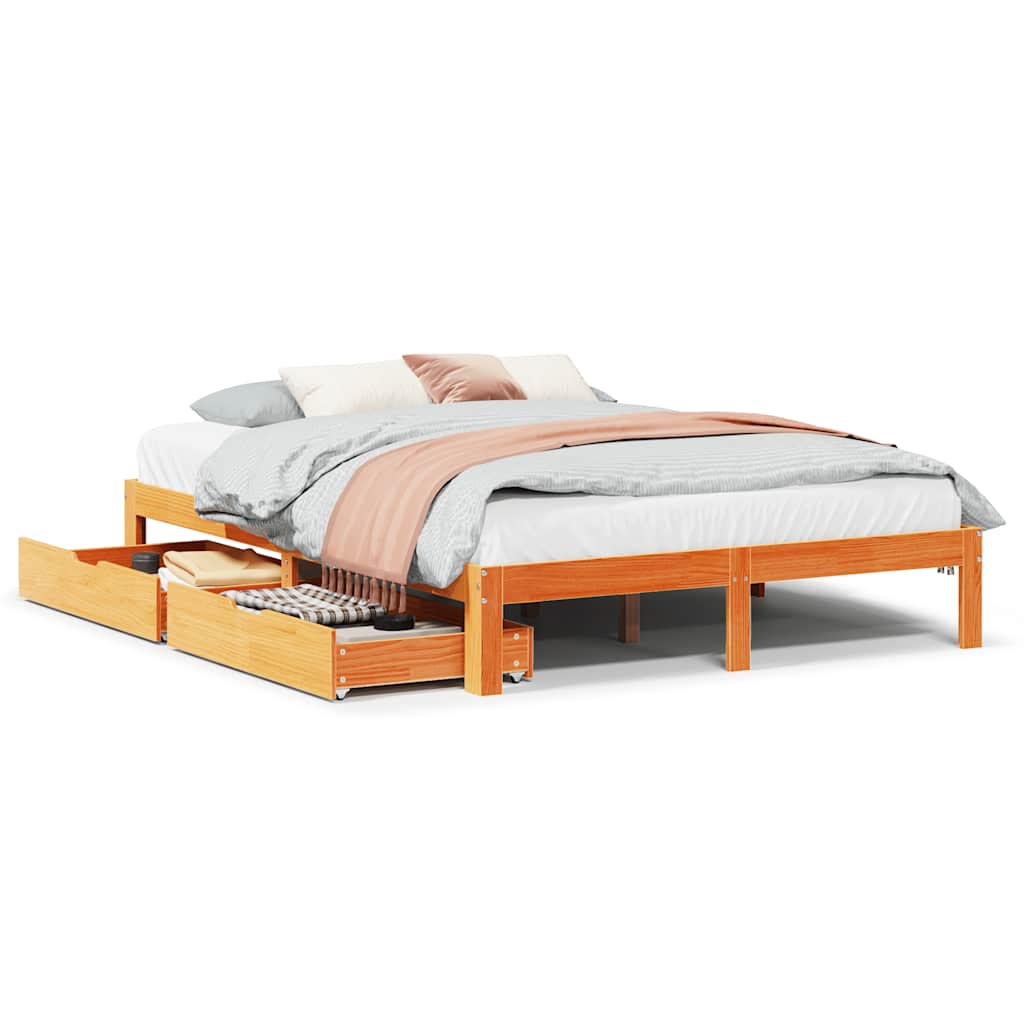 Sengeramme med skuffer brun 140x190 cm heltre furu