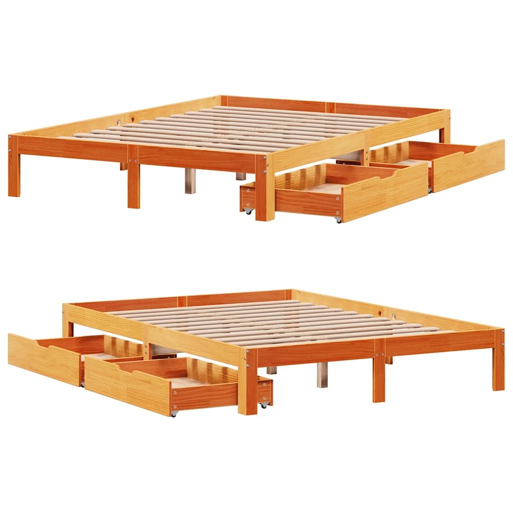Sengeramme med skuffer brun 140x190 cm heltre furu