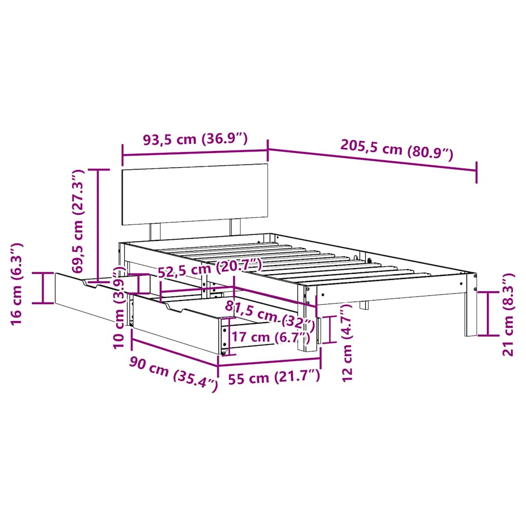 Sengeramme med skuffer hvit 90x200 cm heltre furu