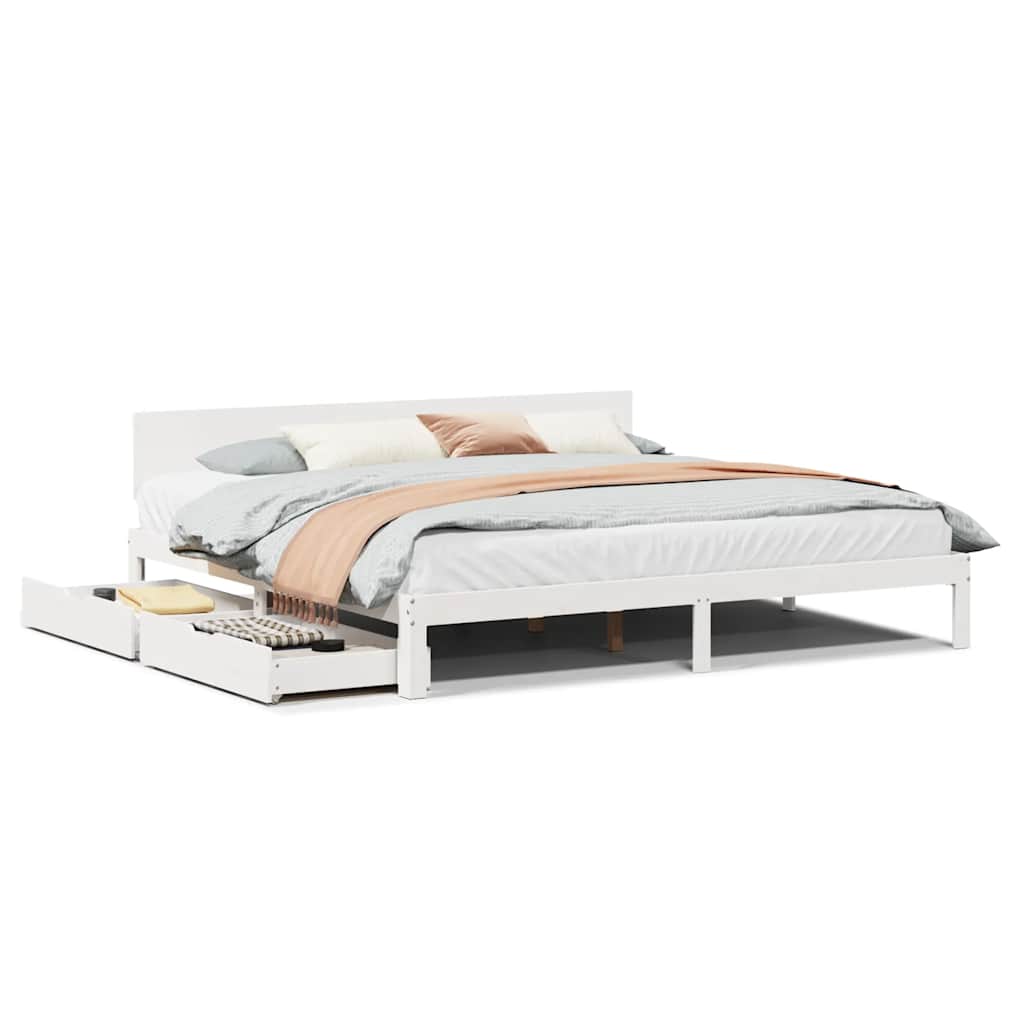 Sengeramme med skuffer hvit 200x200 cm heltre furu