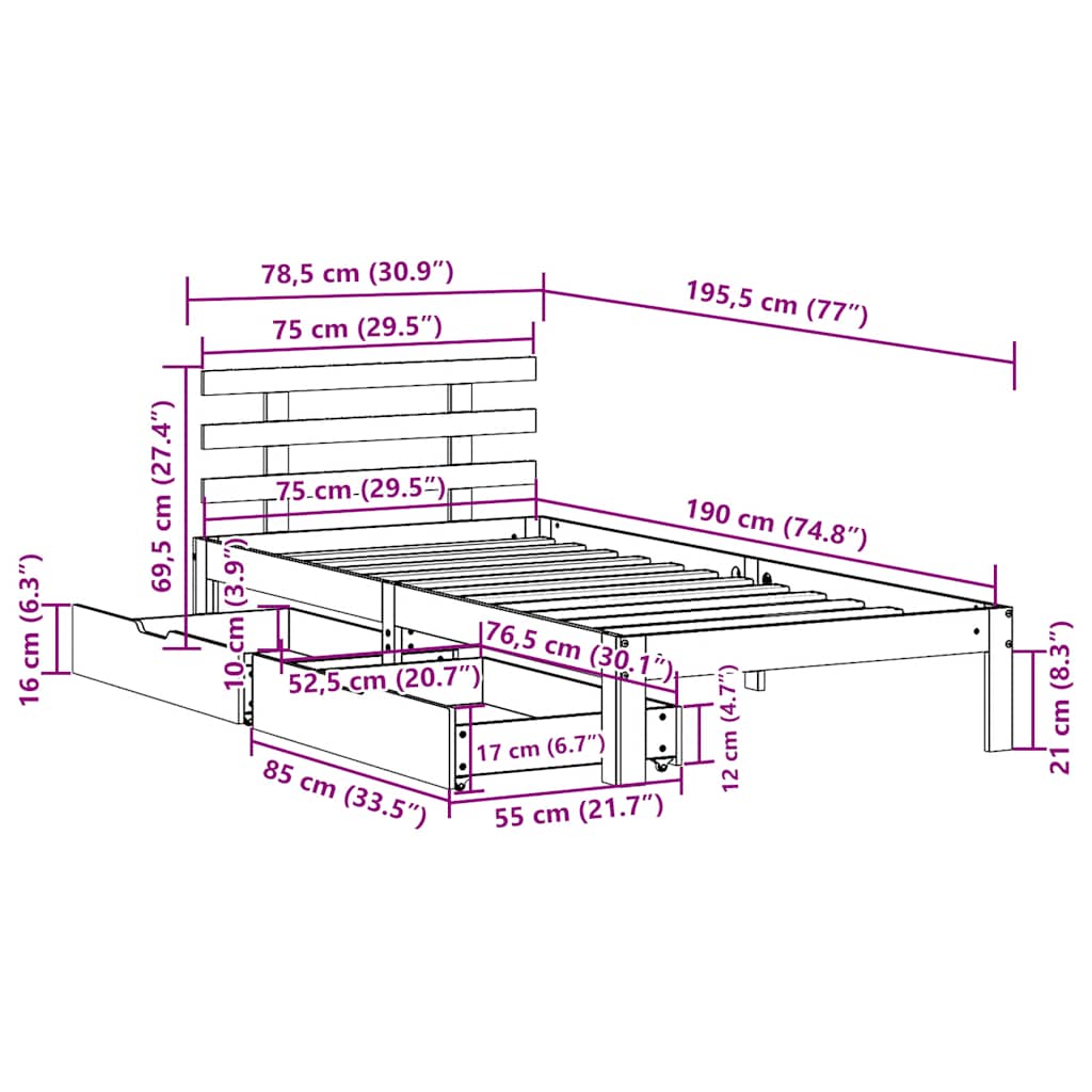 Sengeramme med skuffer 75x190 cm heltre furu