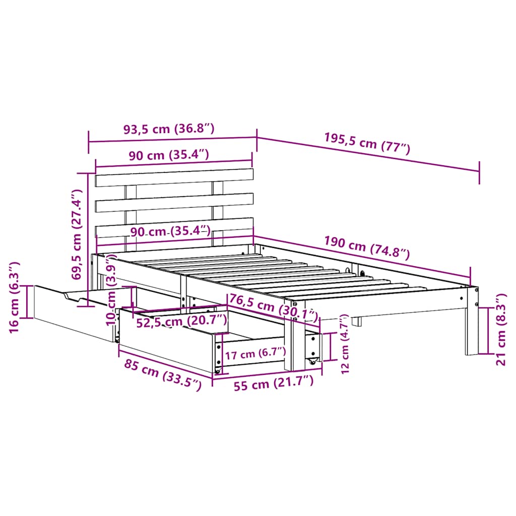 Sengeramme med skuffer hvit 90x190 cm heltre furu
