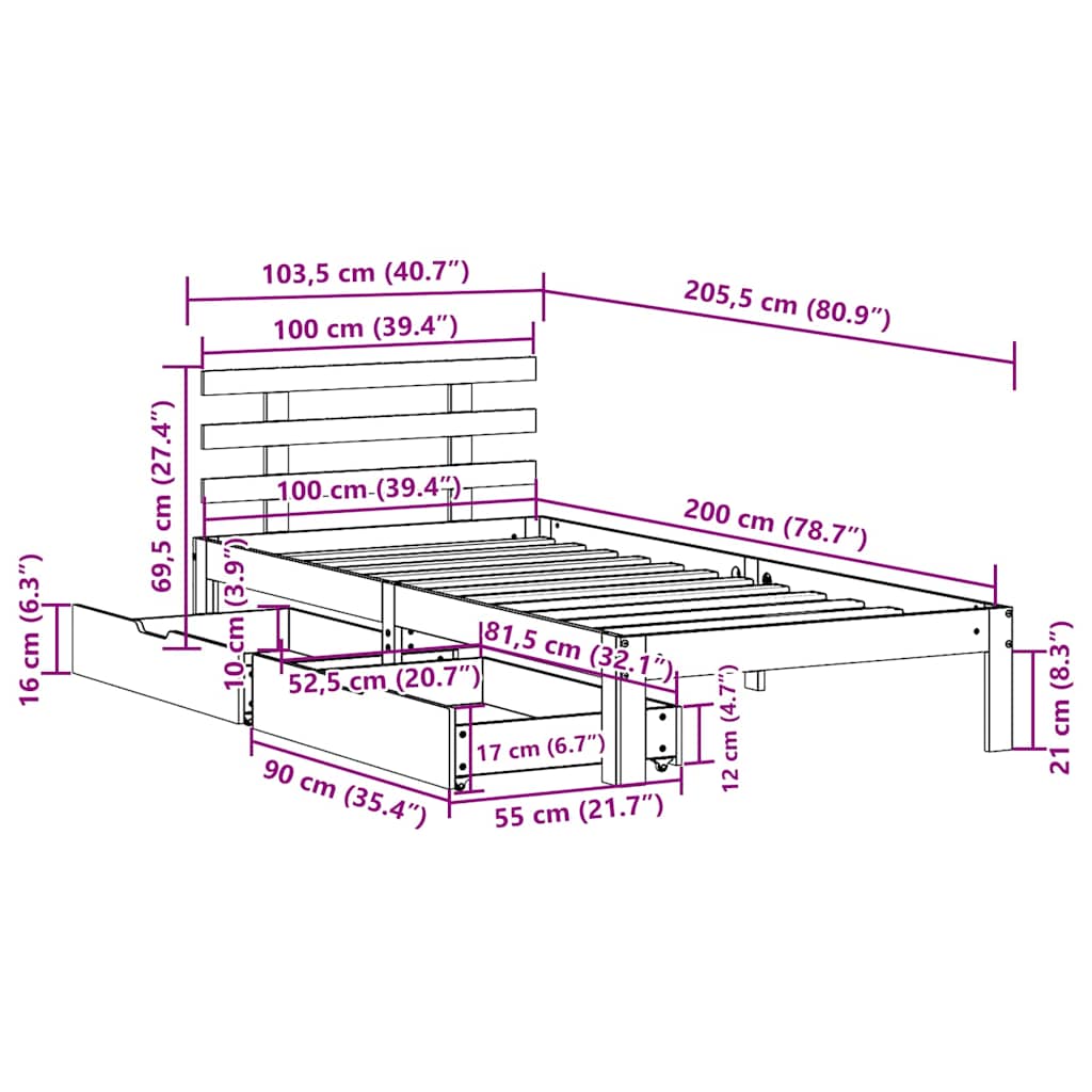 Sengeramme med skuffer hvit 100x200 cm heltre furu
