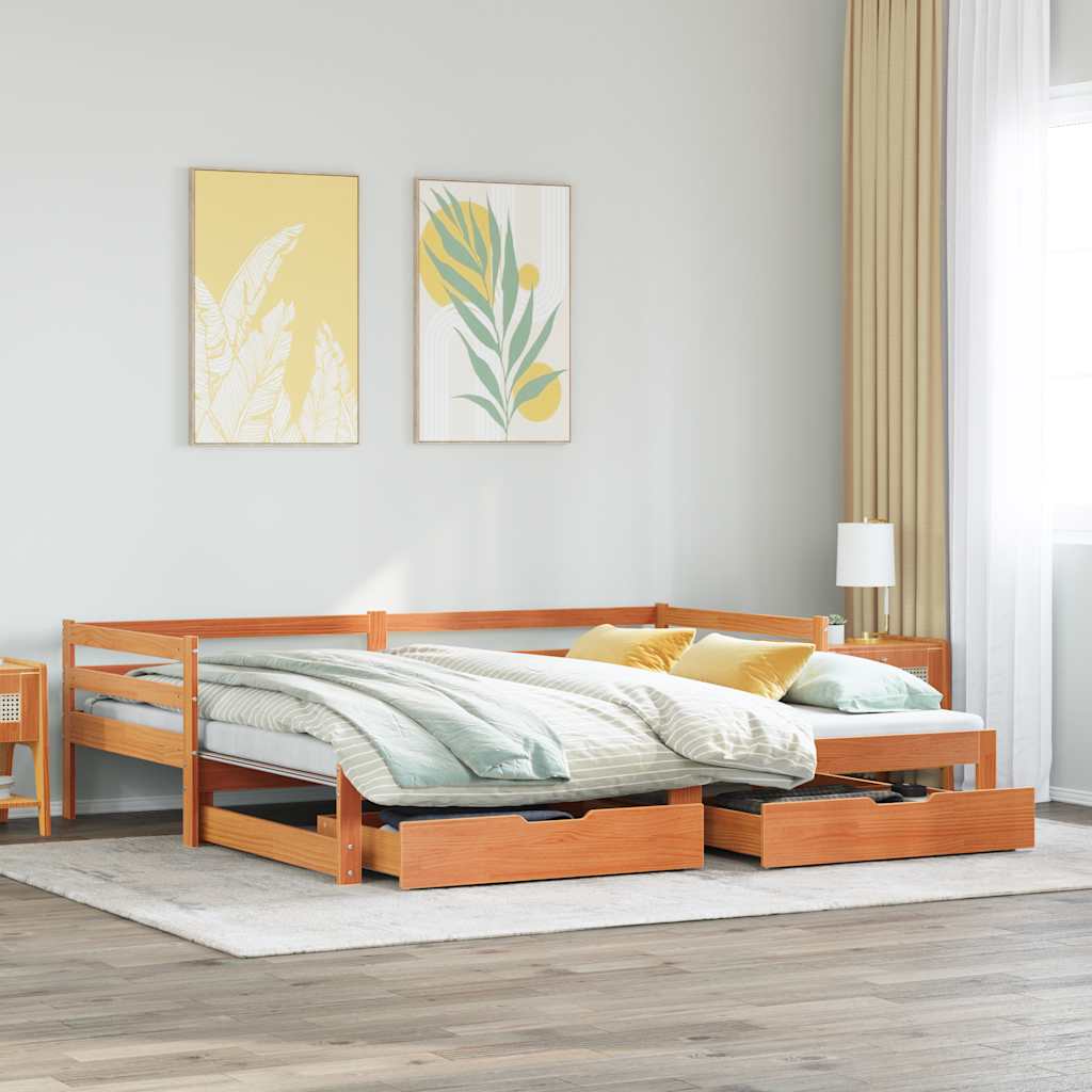 Uttrekkbar dagseng med skuffer voksbrun 90x200 cm heltre furu