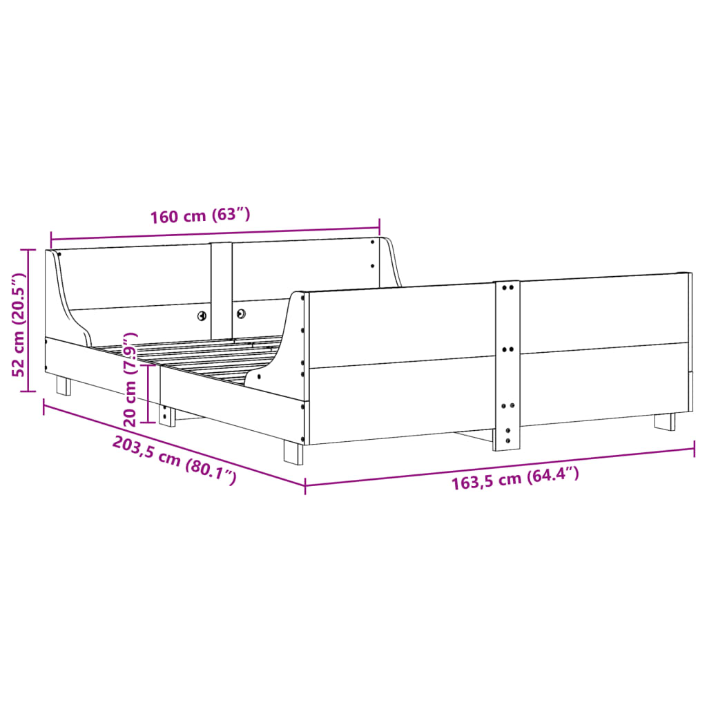 Sengeramme uten madrass hvit 160x200 cm heltre furu