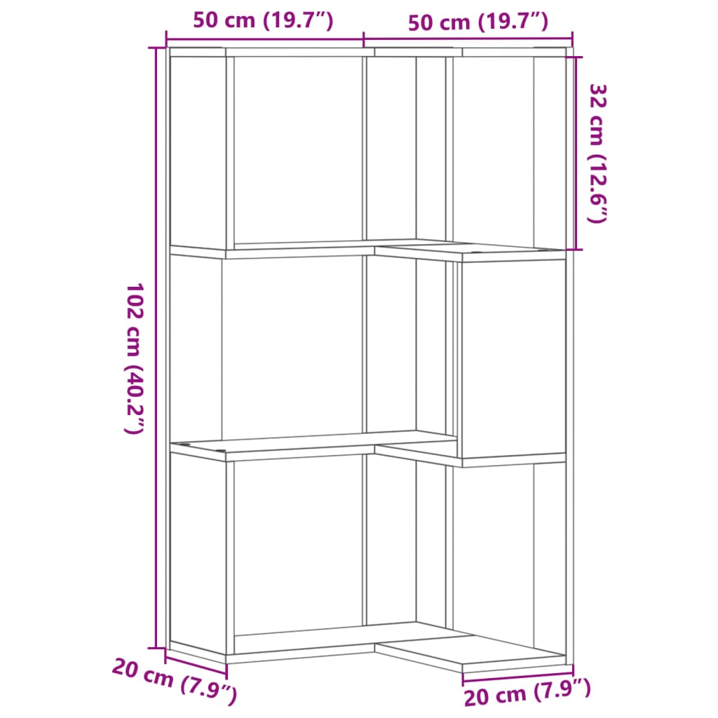 Bokhylle hjørne 3 etasjer betonggrå 50x50x102 cm konstruert tre